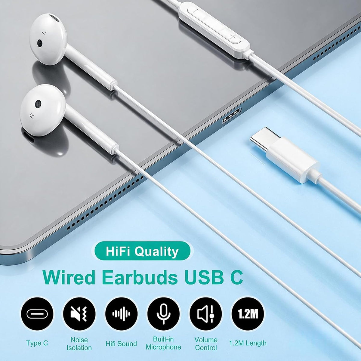 USB C Headphones Wired for iPhone 18 17 16 15, iPad, Mac, Earbuds Type C